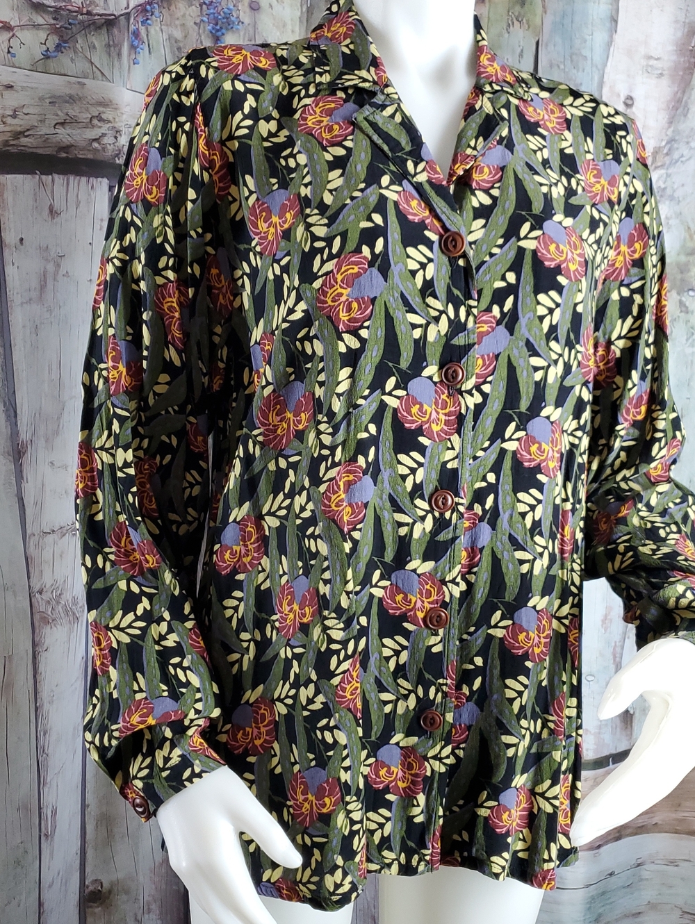 Flax Jeanne Engelhart Print Blouse S Rayon Long Sleeve